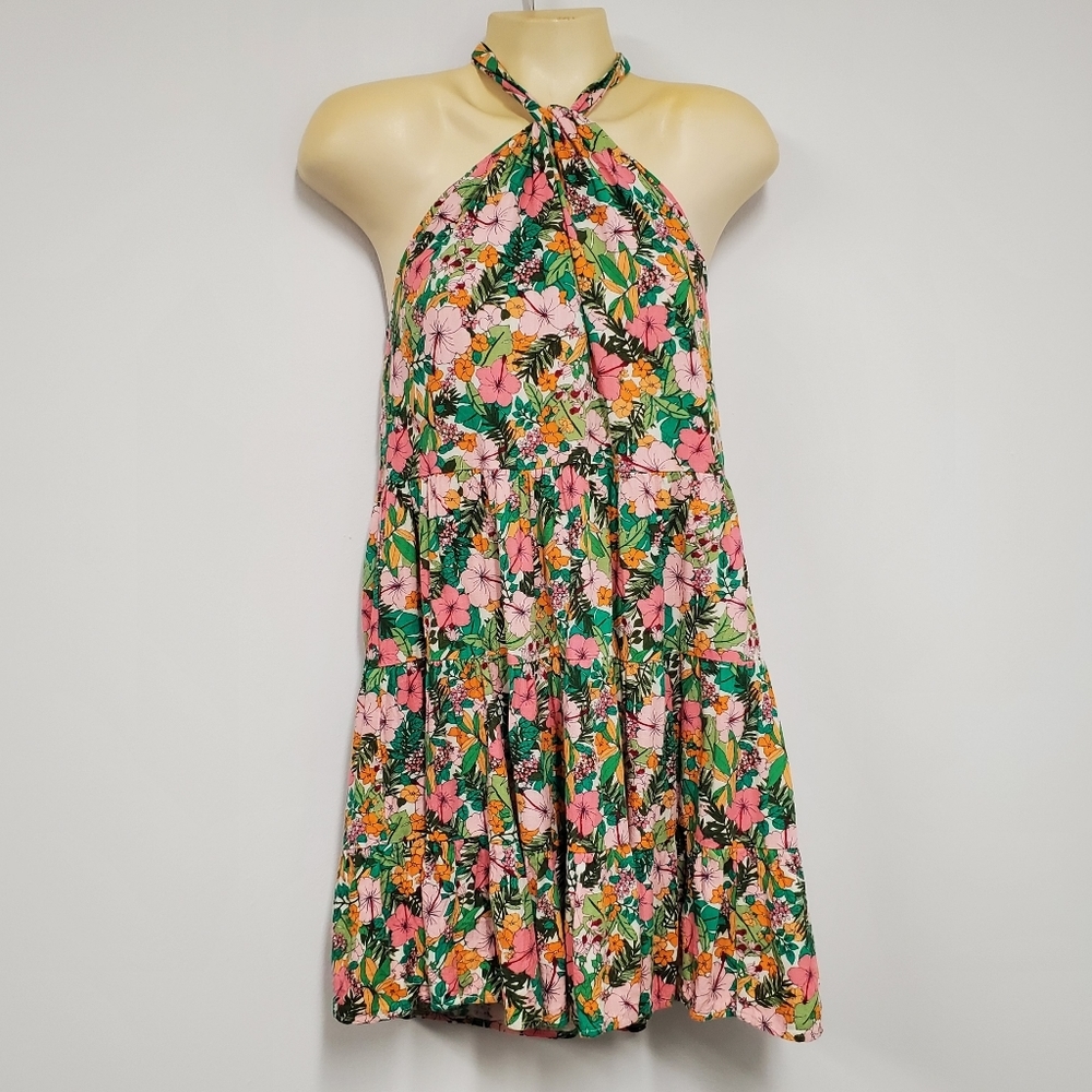 Copper Key Halter Floral Mini Dress M Green Pink Hibiscus Linen Tropical Beachy